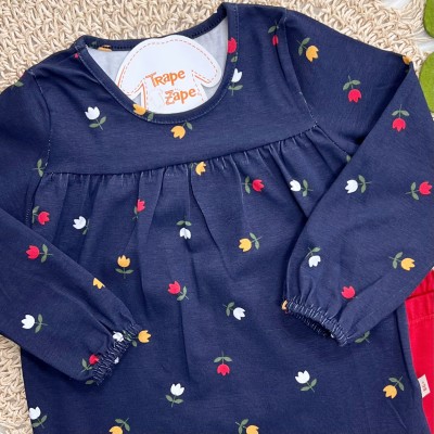 Conj. Bata Manga Longa Florzinhas e Calça Legging - Marinho e Vermelho